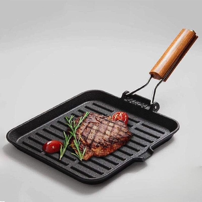 Bistecchiera ghisa quadrata griglia antiaderente manico legno piastra 24x24 cm