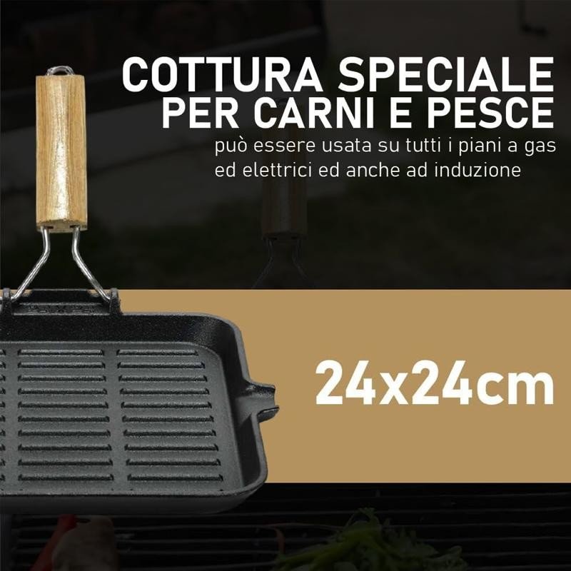 Bistecchiera ghisa quadrata griglia antiaderente manico legno piastra 24x24 cm